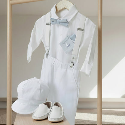 White linen Baptism Suit outfit with optional blue jacket and Accessories