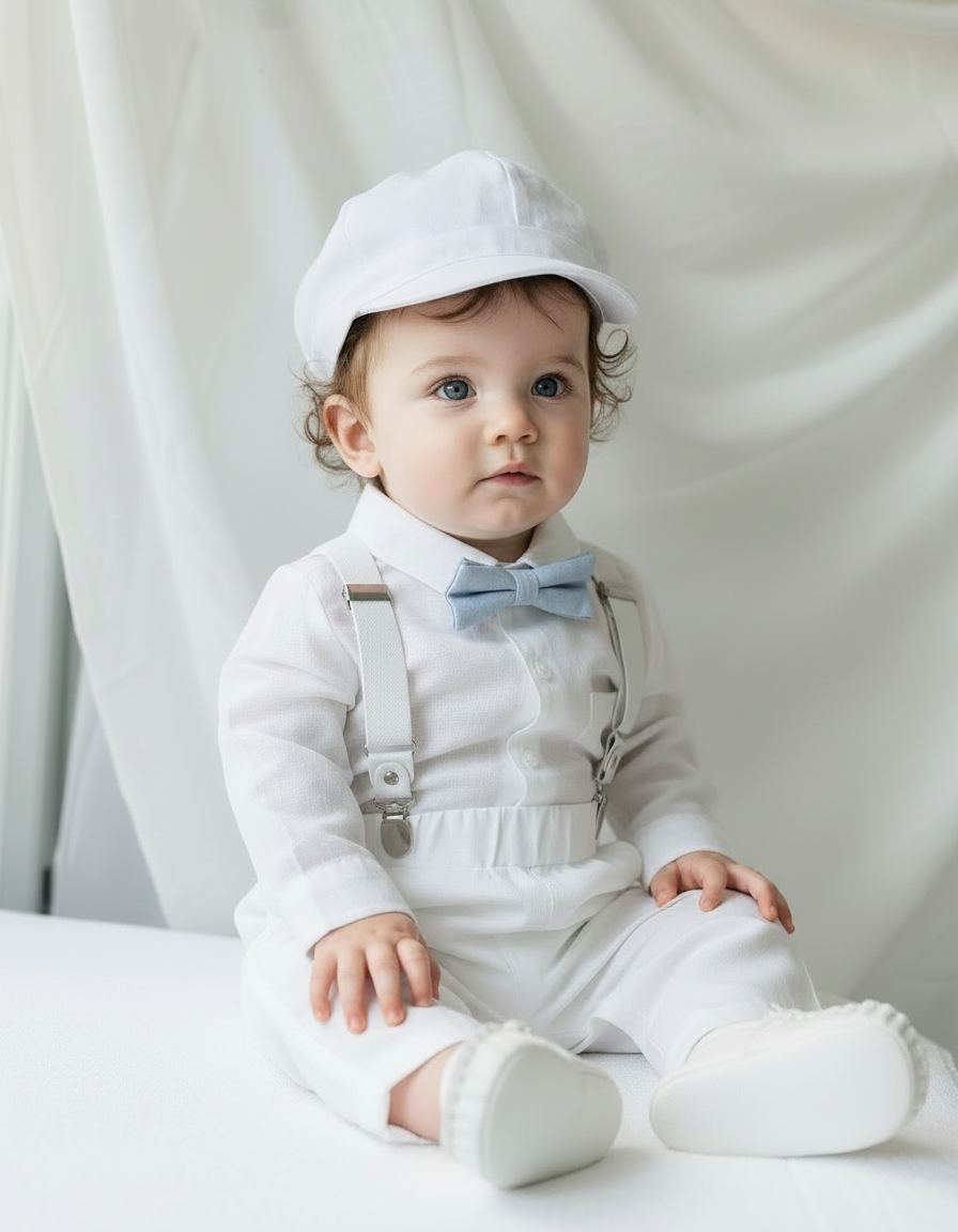 Boys Pale Blue chambray Jacket and White Linen Baptism Outfit