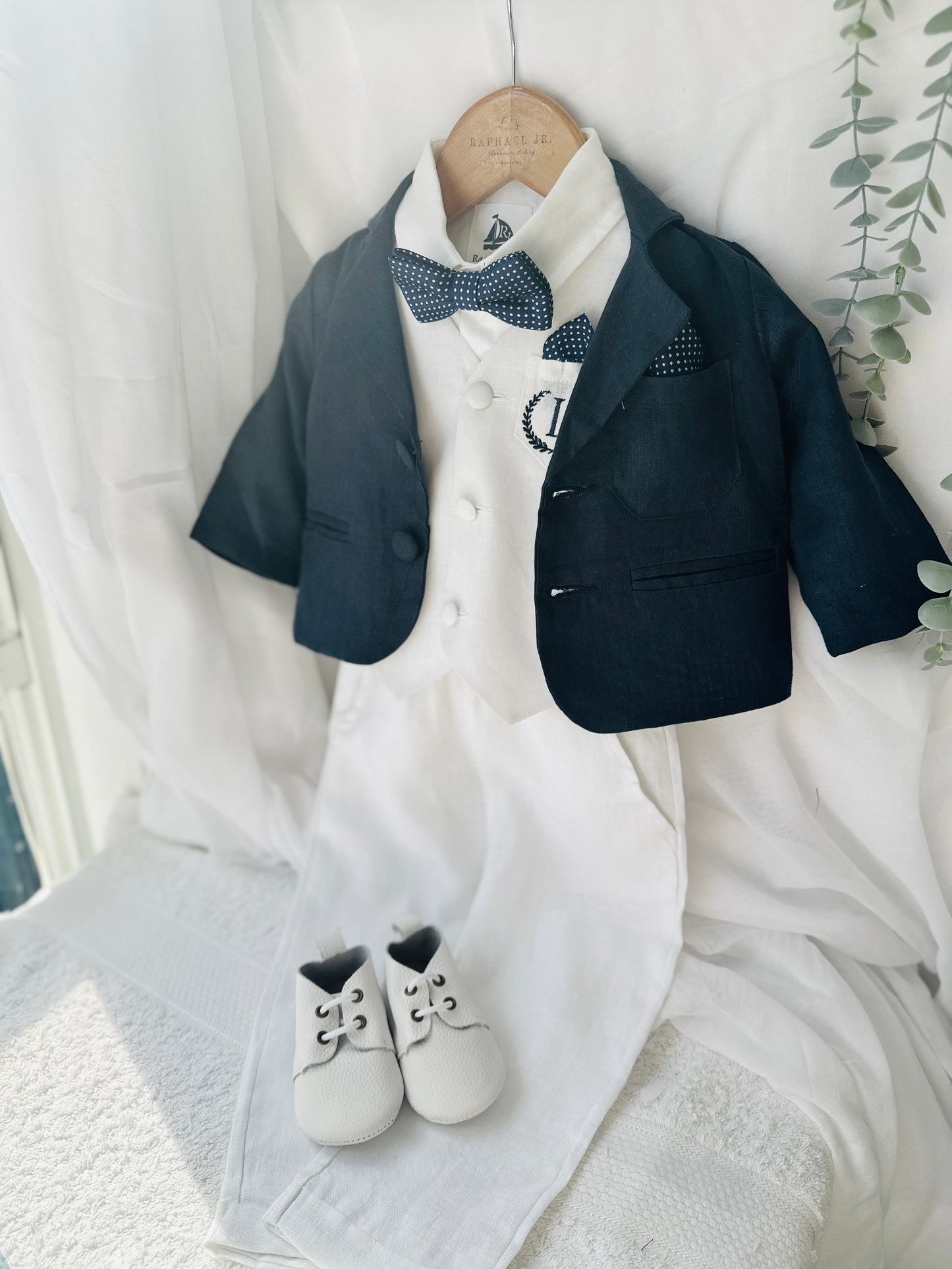 Boys white vest with white linen suit and navy jacket set