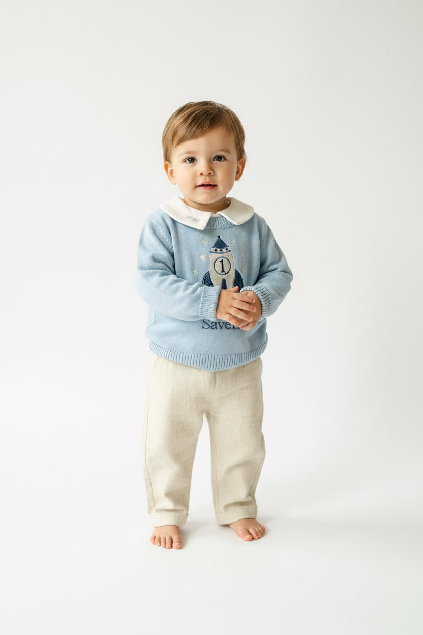 Baby blue cotton sweater with optional embroidery