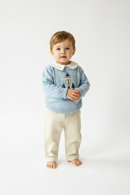 Baby blue cotton sweater with optional embroidery