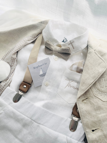 White and Beige Linen Set with optional Jacket Accessories and Embroidery