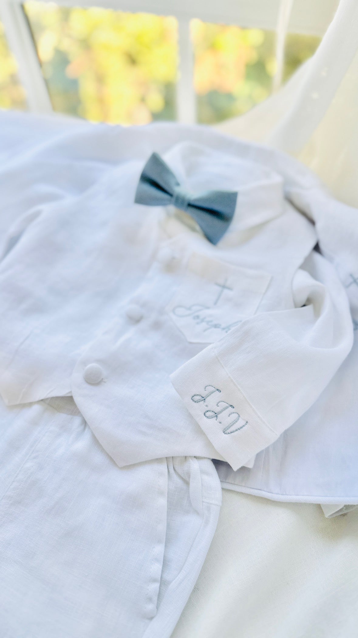 Boys white linen full 5 piece suit with vest, jacket, shirt, pants, suspenders and bow tie plus extras
