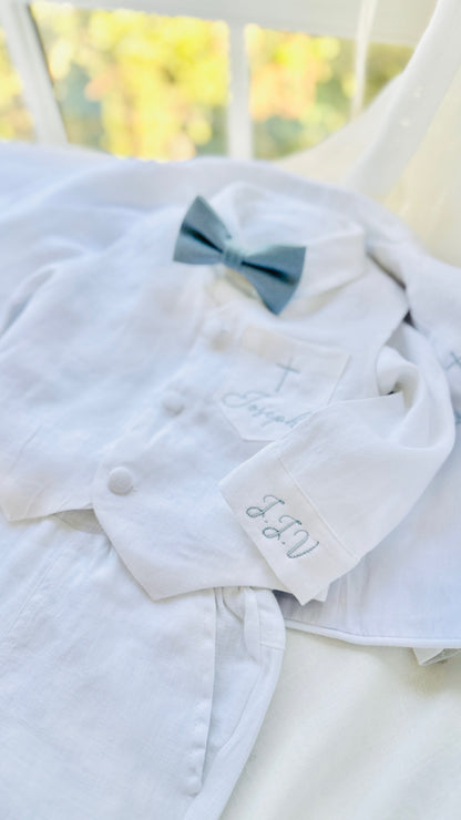 Boys white linen full 5 piece suit with vest, jacket, shirt, pants, suspenders and bow tie plus extras