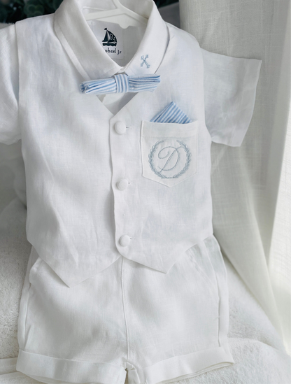 White linen Baptism vest set with shirt, suspender shorts, bowtie and optional embroidery cap and shoes