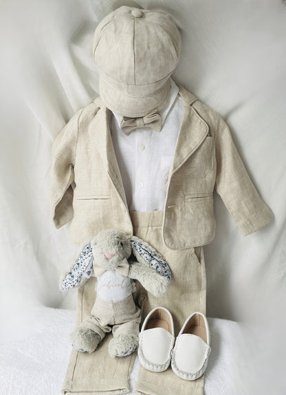 Beige linen pants and shirt set with bowtie and suspenders and optional personalisation