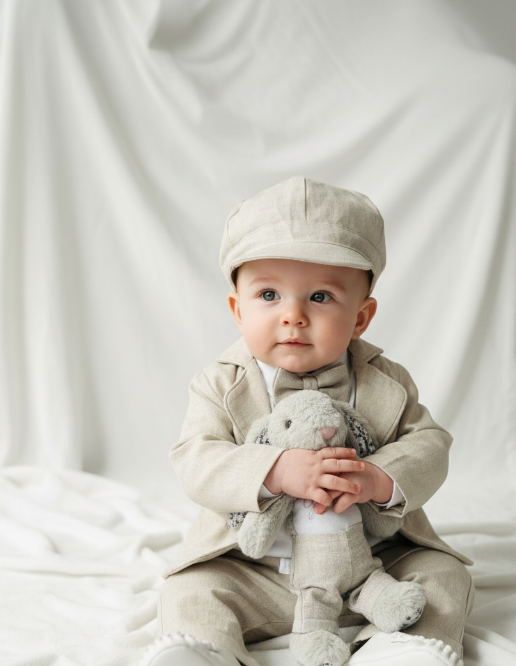 Beige Linen full length suit with pants, shirt, jacket and accessories