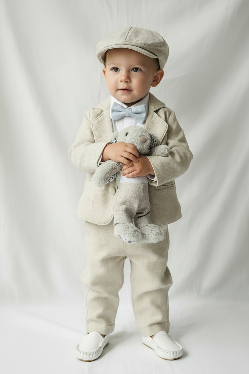 Beige Linen full length suit with pants, shirt, jacket and accessories