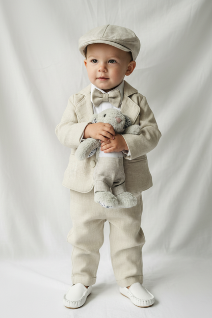 Beige Linen full length suit with pants, shirt, jacket and accessories