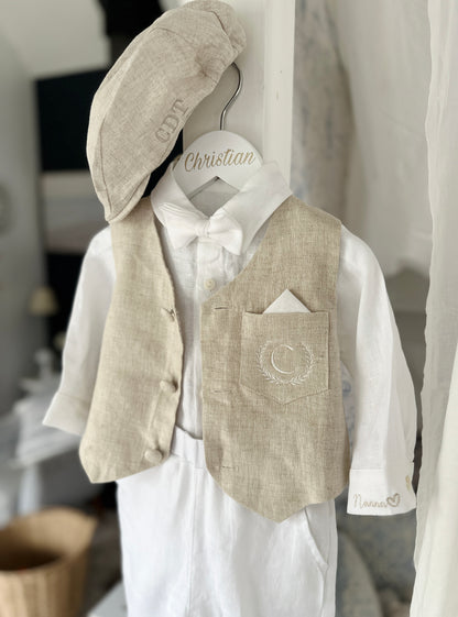 White and Beige Linen set with vest, shirt, pants, suspenders and bowtie plus optional jacket, cap and shoes