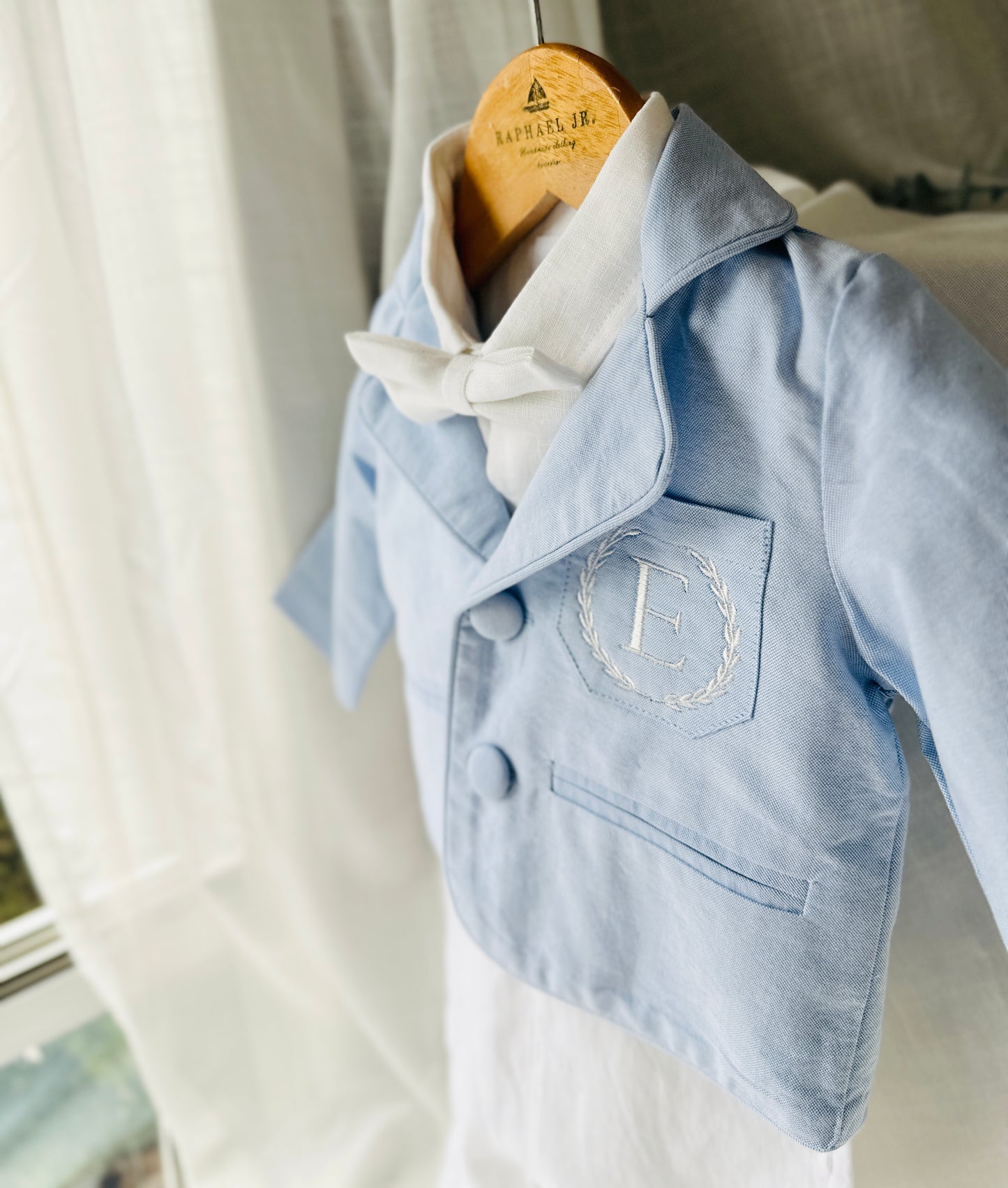 Boys Pale Blue chambray Jacket and White Linen Baptism Outfit