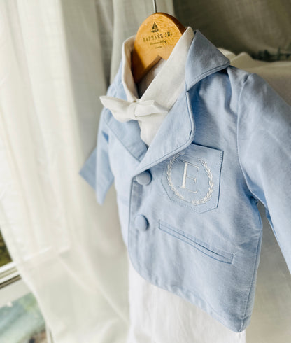 Boys Pale Blue chambray Jacket and White Linen Baptism Outfit