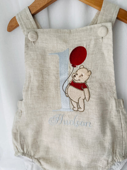 Boys beige pure linen overalls with optional shirt and embroidery