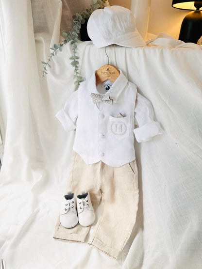 Boys white and beige linen set with vest, shirt, pants, suspenders and bowtie