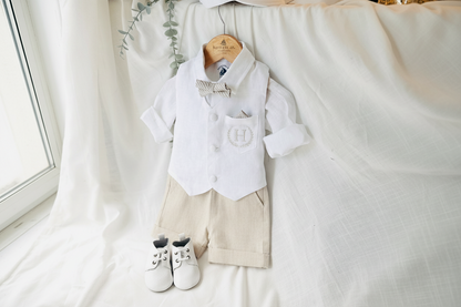 Boys white and beige linen Baptism and Wedding Outfit with vest, shirt, shorts, suspenders and bow tie