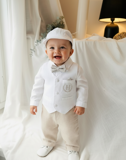 Boys white and beige linen set with vest, shirt, pants, suspenders and bowtie