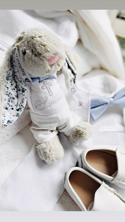 Baby and Toddler boys blue and white linen baptism and birthday romper and shirt set