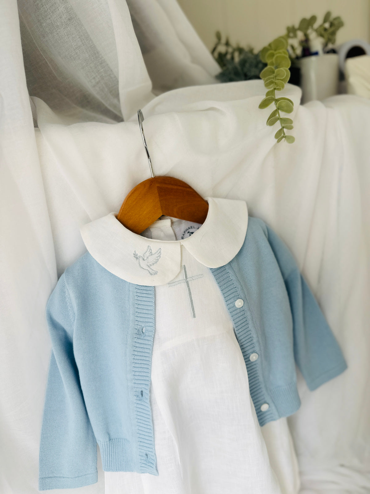 Linen Baptism 3/4 length jumpsuit romper with optional pale blue cardigan