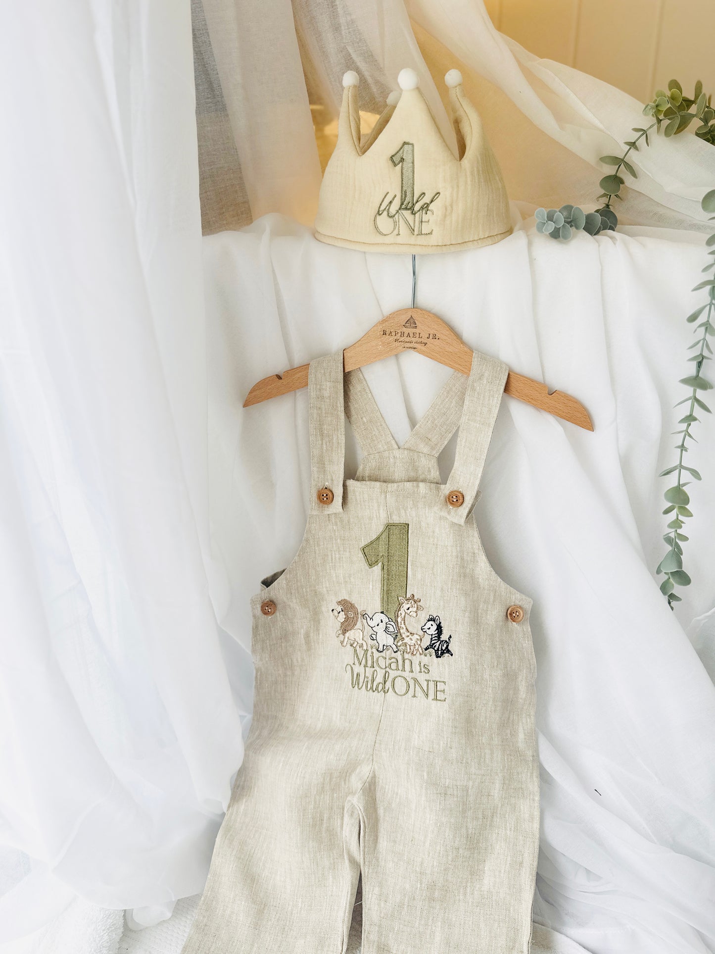 Boys Beige Linen Birthday overalls romper dungarees safari balloon fast car wild sea themes
