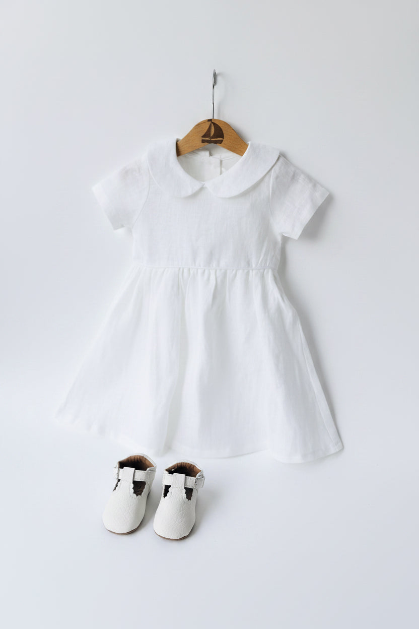 Pure Linen knee length Baptism Dress with embroidery and bloomers and optional ribbon