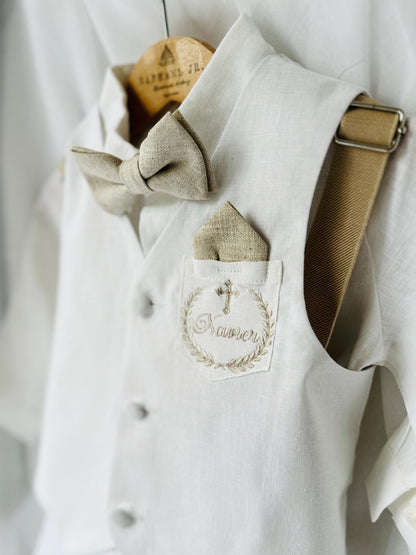 White linen vest and navy shorts summer set