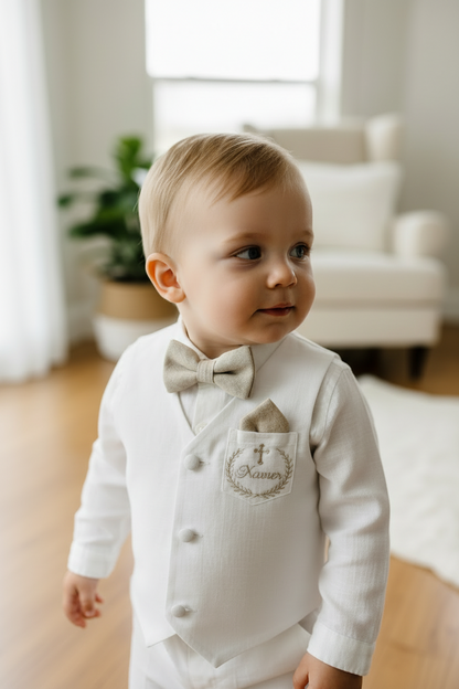 Boys white linen full length Baptism set with vest, shirt, pants, suspenders and bow tie