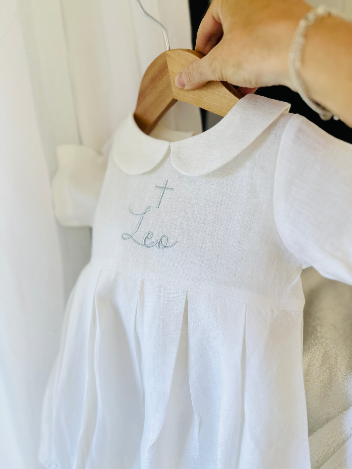 Linen Baptism peter pan collar bubble romper with optional embroidery customisation