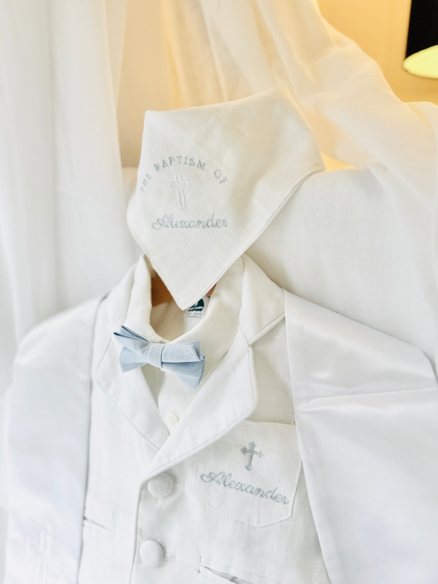 White linen Baptism Christening bib with optional embroidery