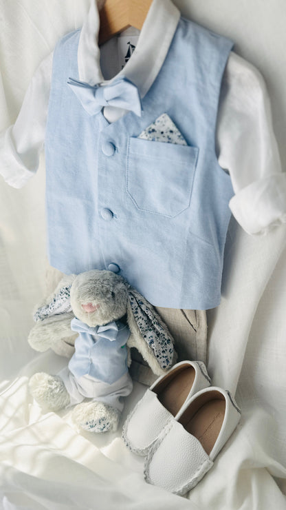 White linen summer Baptism outfit with shorts shirt and suspenders and optional pale blue jacket