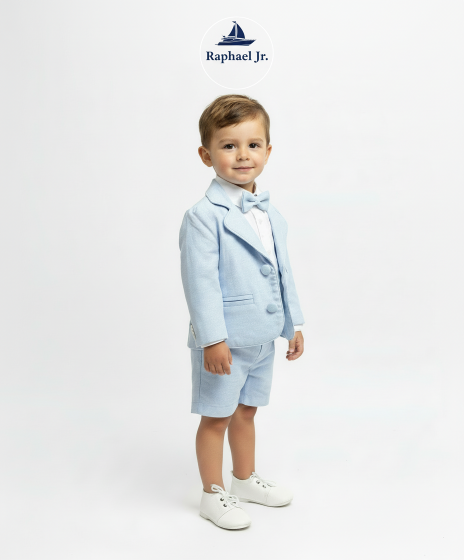Boys pale blue shorts with linen shirt, blue suspenders and bow tie outfit plus optional extras