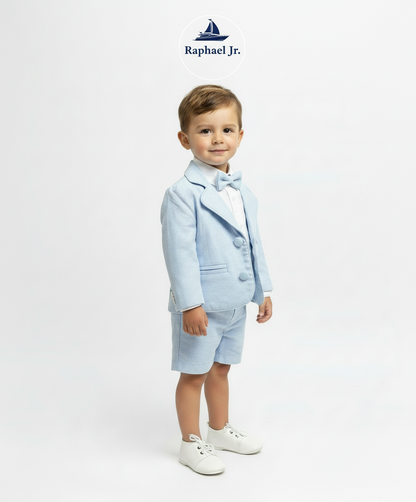 Boys pale blue shorts with linen shirt, blue suspenders and bow tie outfit plus optional extras