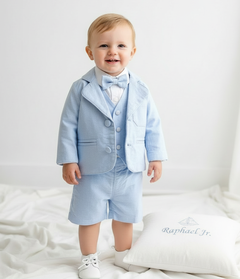 Pale blue summer vest set with blue vest, suspender shorts white shirt and blue blazer
