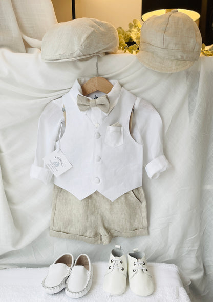 Boys white and beige linen Baptism and Wedding Outfit with vest, shirt, shorts, suspenders and bow tie