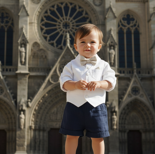 Boys white and beige linen Baptism and Wedding Outfit with vest, shirt, shorts, suspenders and bow tie