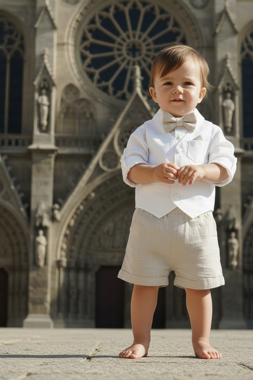 Boys white and beige linen Baptism and Wedding Outfit with vest, shirt, shorts, suspenders and bow tie