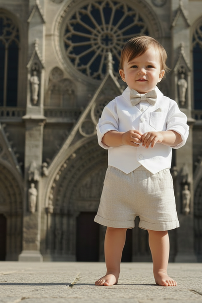 Boys white and beige linen Baptism and Wedding Outfit with vest, shirt, shorts, suspenders and bow tie