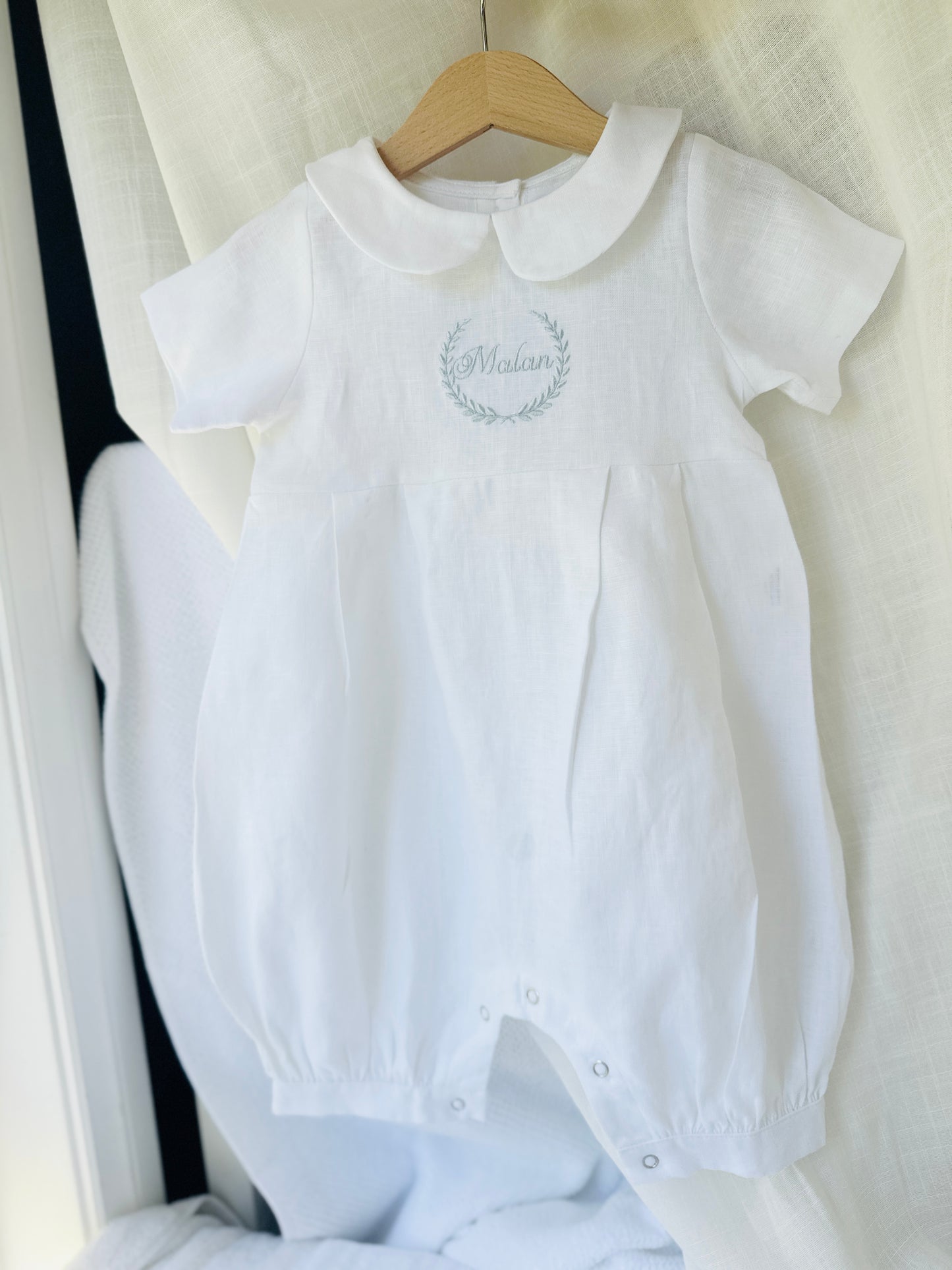 Linen Baptism romper dungaree jumpsuit with optional cardigan and embroidery