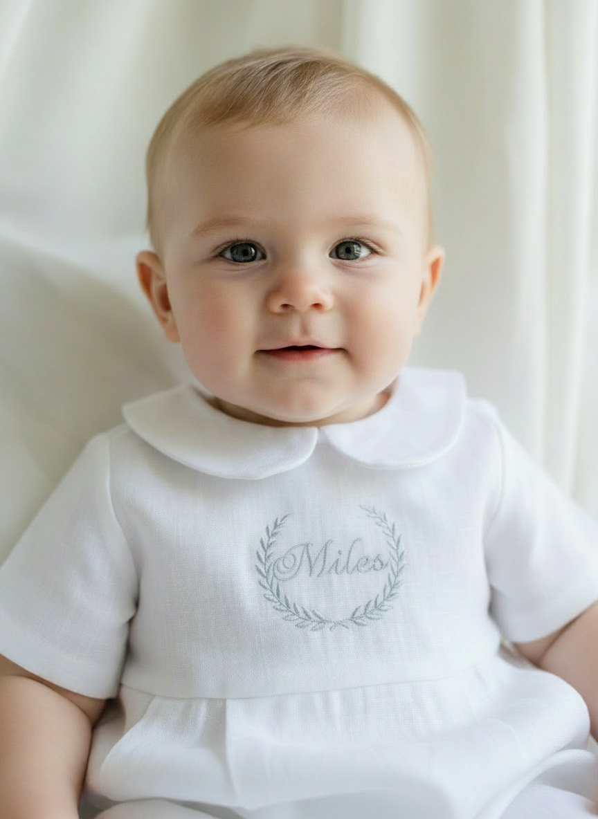 Linen Baptism romper dungaree jumpsuit with optional cardigan and embroidery