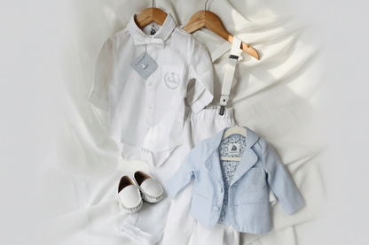White linen Baptism Suit outfit with optional blue jacket and Accessories