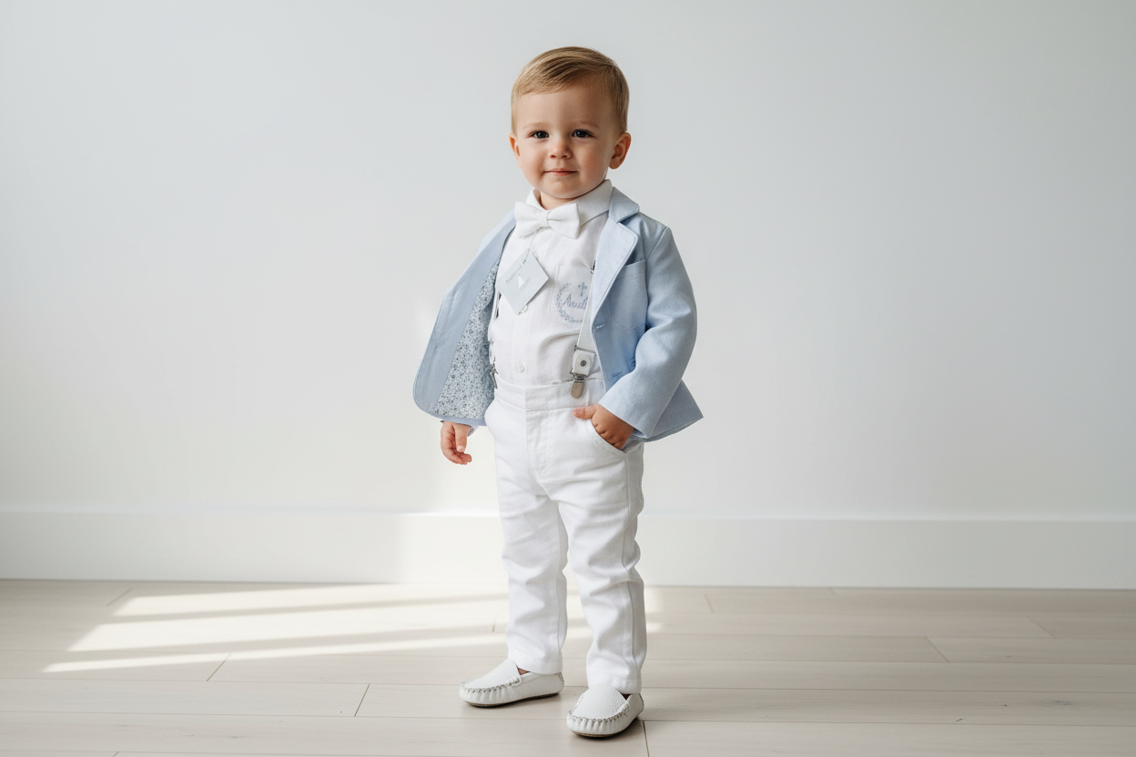 White linen Baptism Suit outfit with optional blue jacket and Accessories
