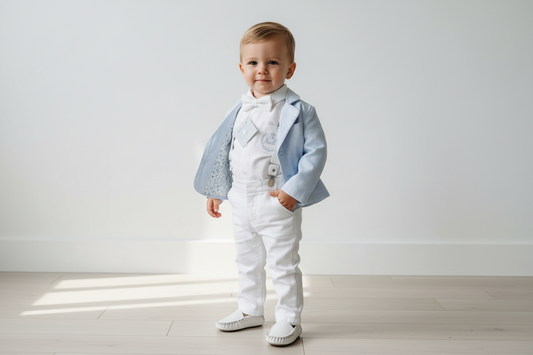 White linen Baptism Suit outfit with optional blue jacket and Accessories