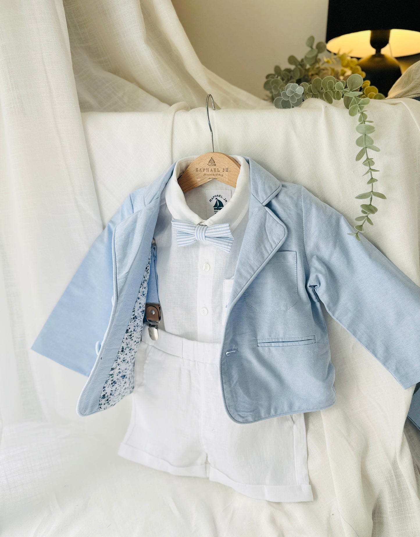 White linen summer Baptism outfit with shorts shirt and suspenders and optional pale blue jacket