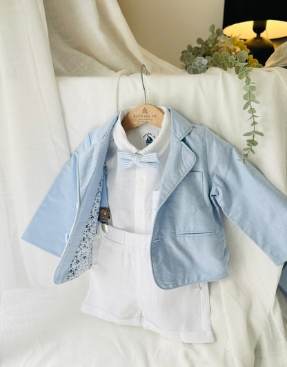 White linen summer Baptism outfit with shorts shirt and suspenders and optional pale blue jacket