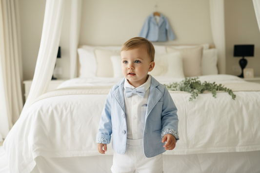 White linen summer Baptism outfit with shorts shirt and suspenders and optional pale blue jacket