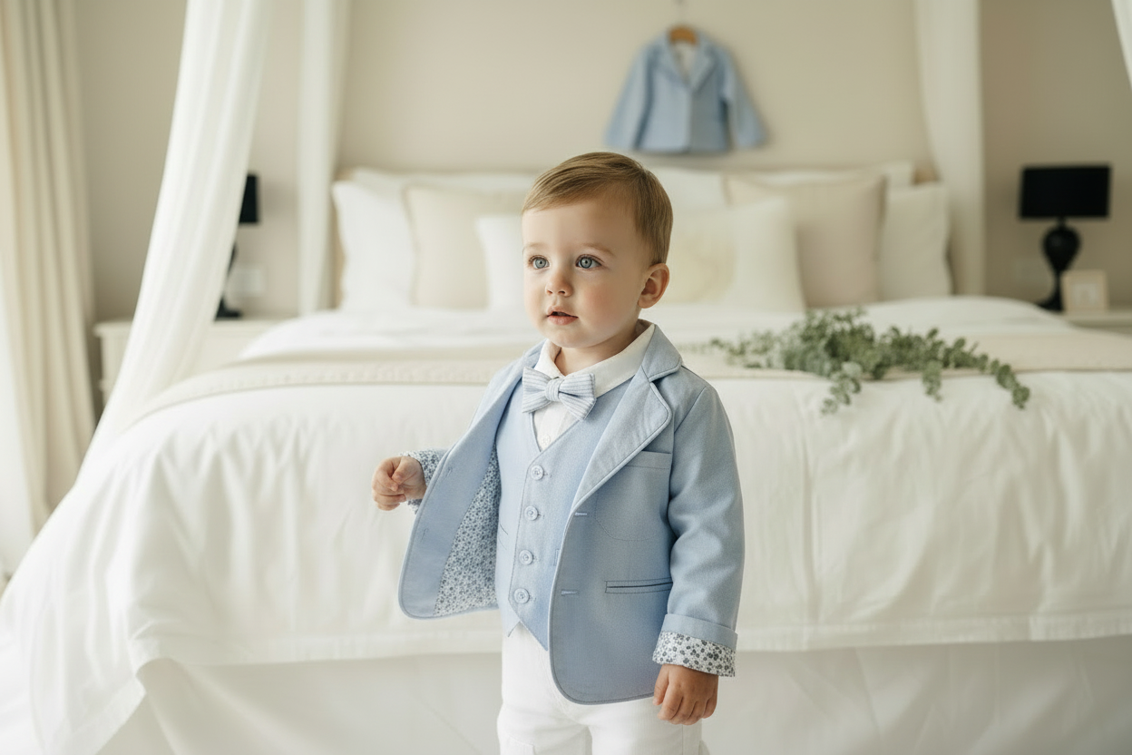 Boys Light blue suit with blue vest, bow tie optional jacket, plus white linen shirt and suspender pants