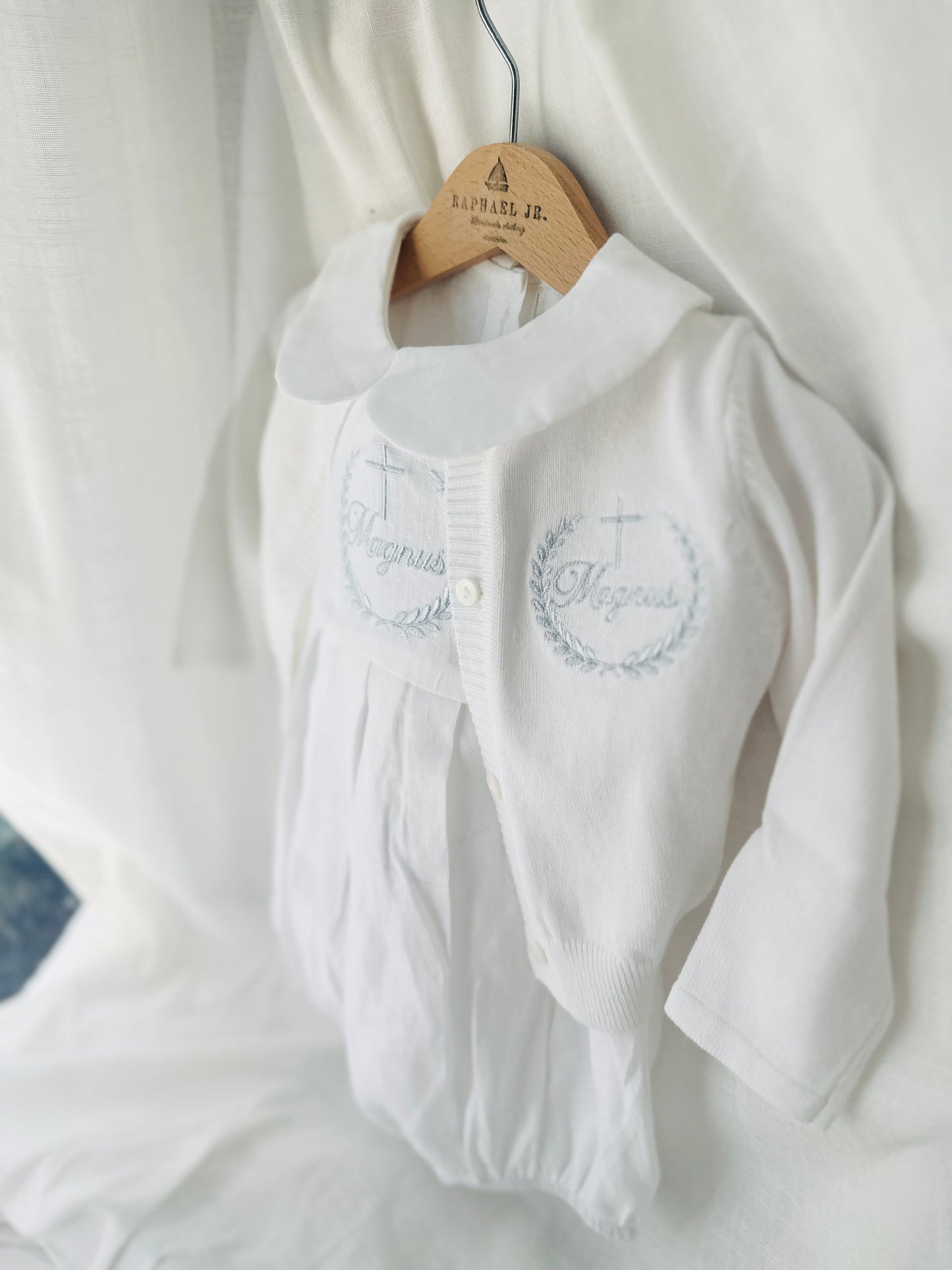 Linen Baptism peter pan collar bubble romper with optional embroidery customisation