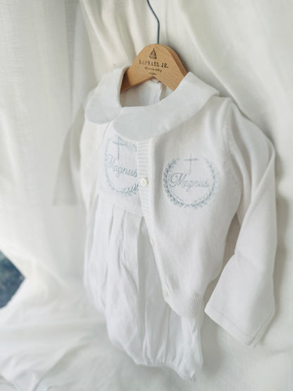 Linen Baptism peter pan collar bubble romper with optional embroidery customisation