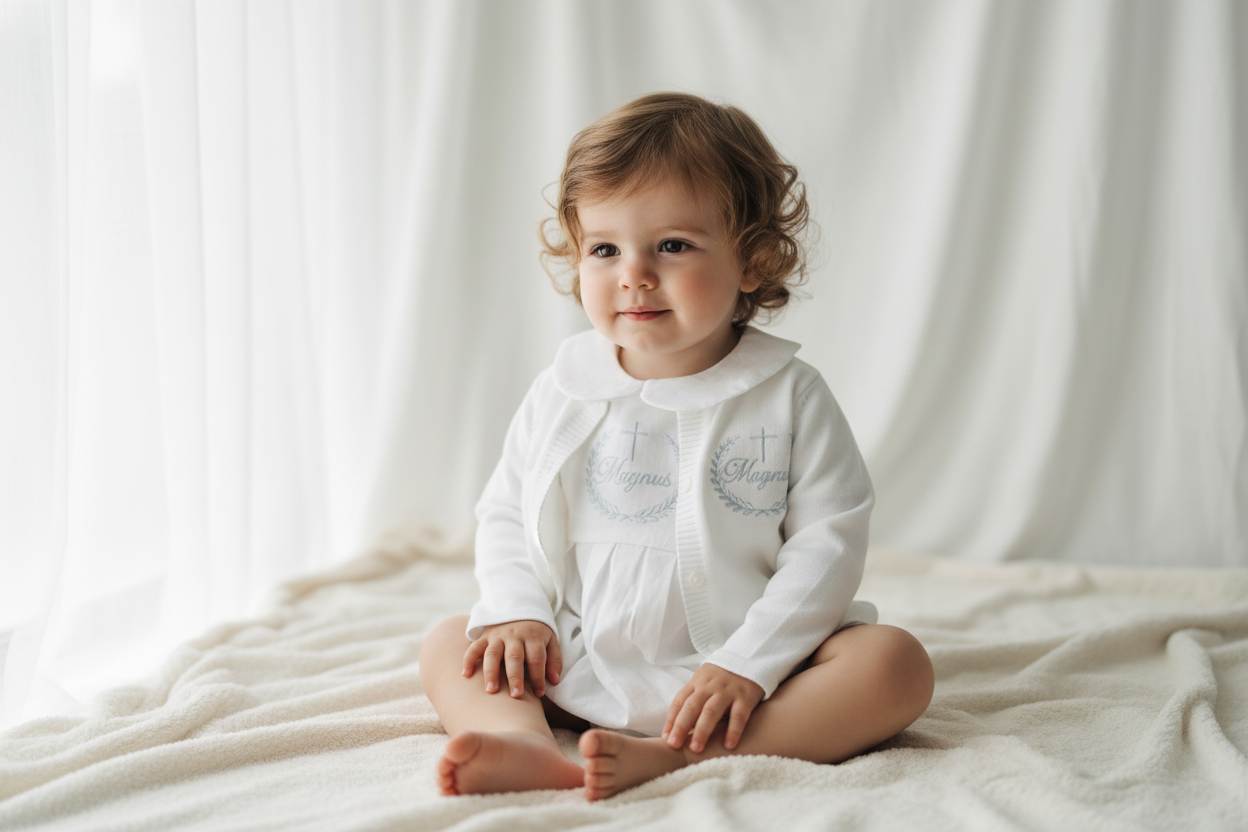 Linen Baptism peter pan collar bubble romper with optional embroidery customisation