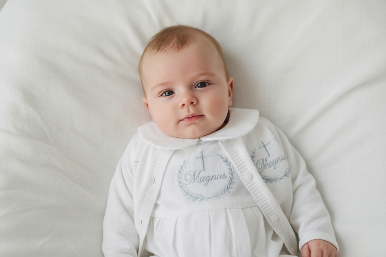 Linen Baptism peter pan collar bubble romper with optional embroidery customisation