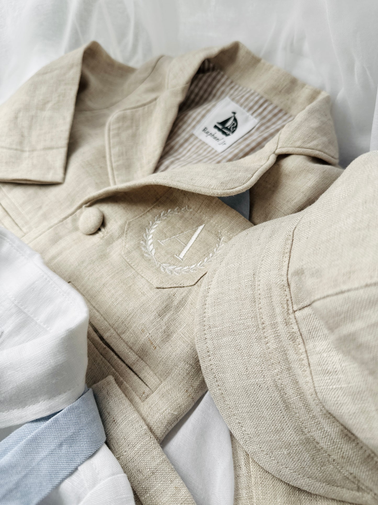 White linen vest suit with beige linen jacket and accessories